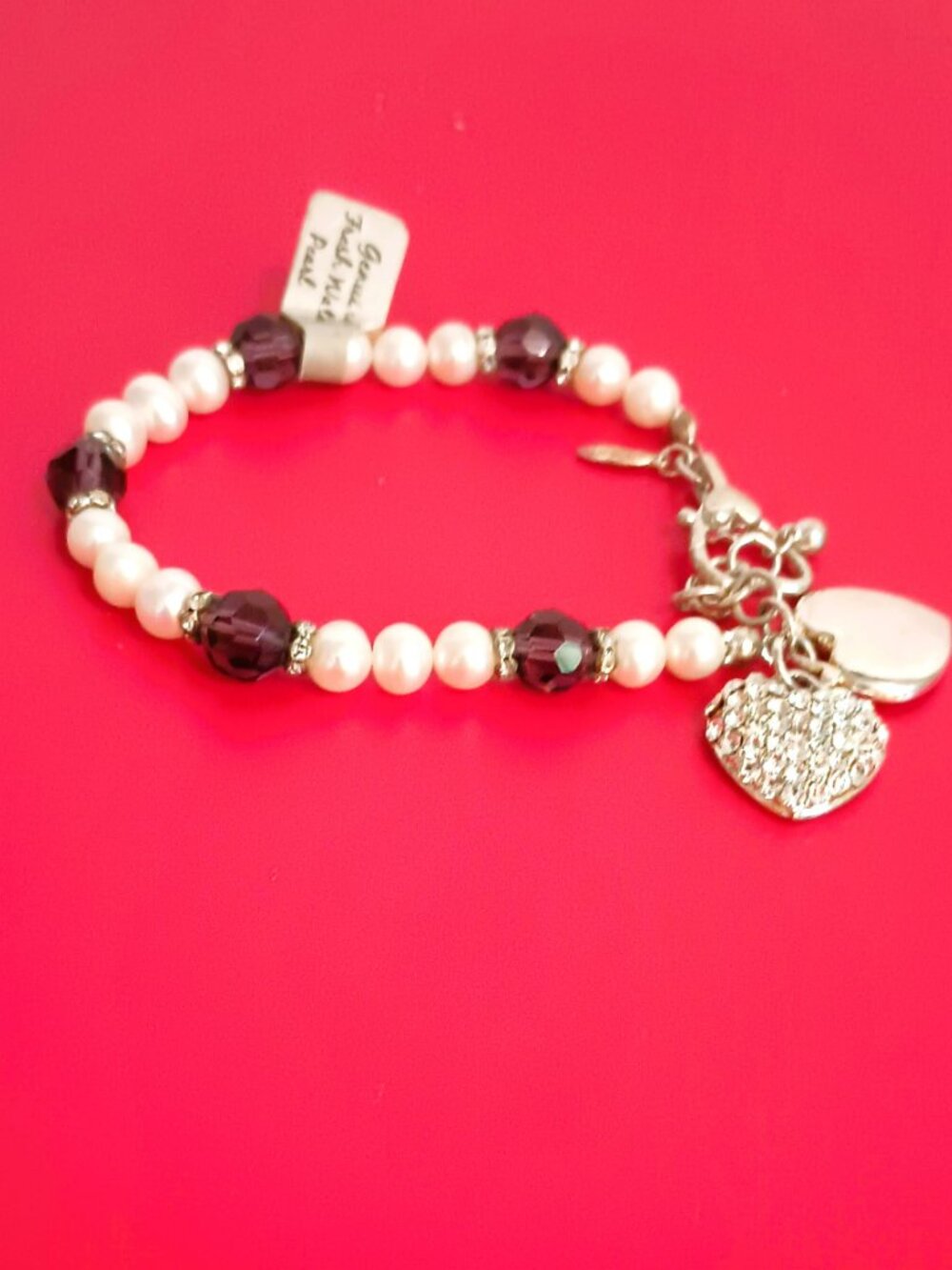 Silver Freshwater Pearl Bracelet 7" Womens Pave' Heart Charm Purple Bead Jewelry
